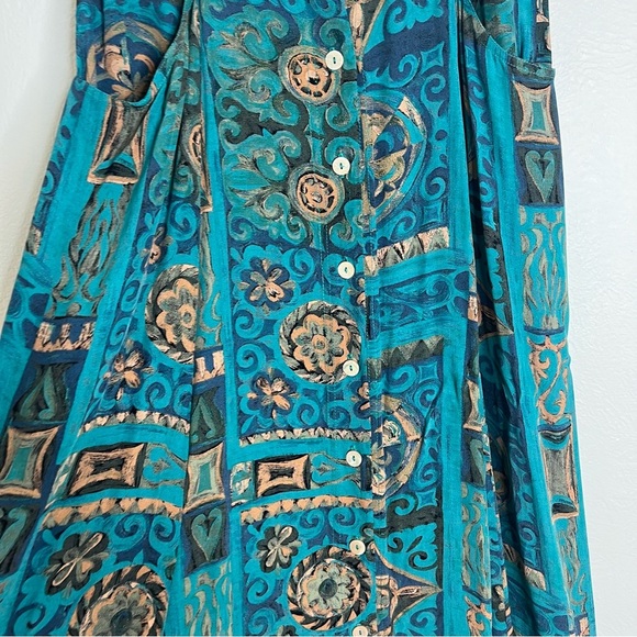 Vintage Karen Kane Rayon Abstract Print Maxi Skirt Teal Button Front Size 12 - Picture 5 of 16